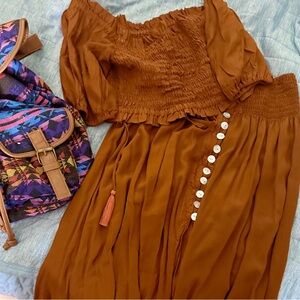 Rust Boho 2-Piece Set – Smocked Off-Shoulder Top & Button Maxi Skirt
